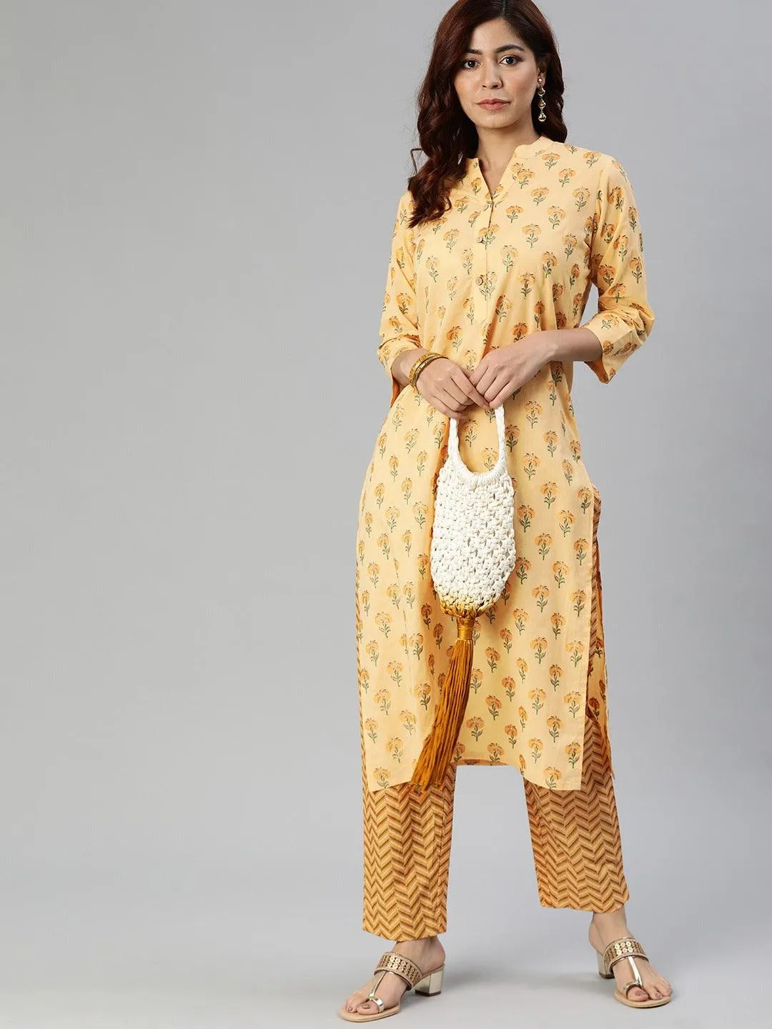 Jashvi Yellow Flower Print Cotton Kurta Set