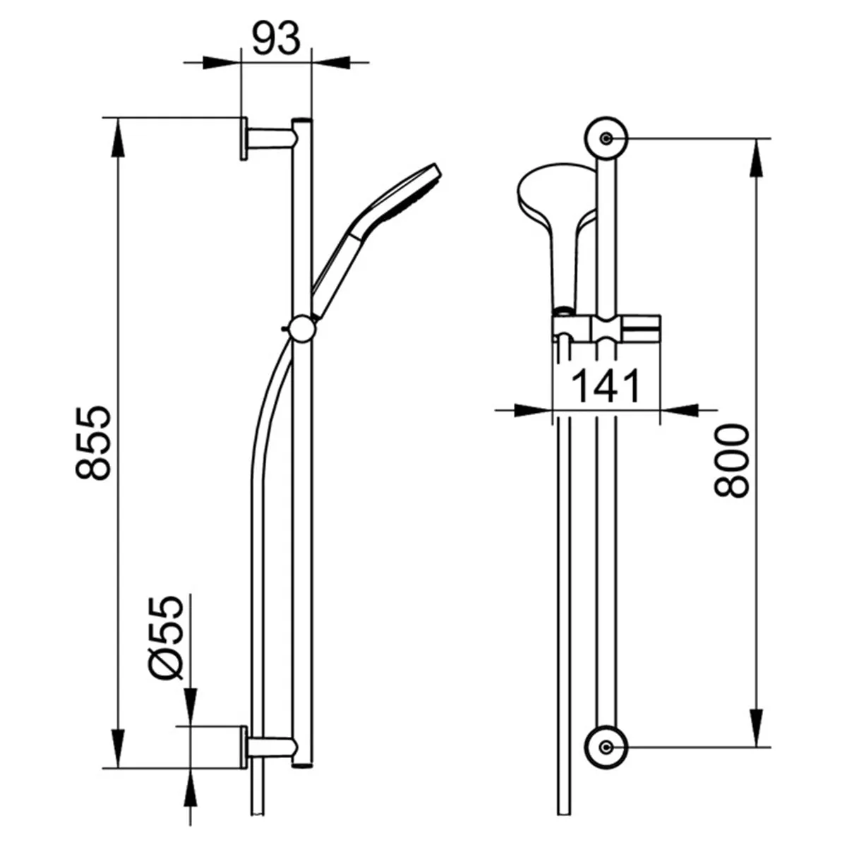 Keuco Shower Set incl 855mm slide rail & holder 3 func. hand shower & 1600mm hose in Black Matt