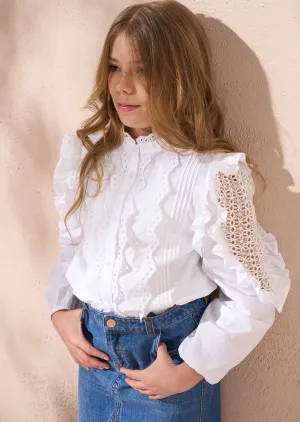 Lacey White Embroidered Frill Blouse