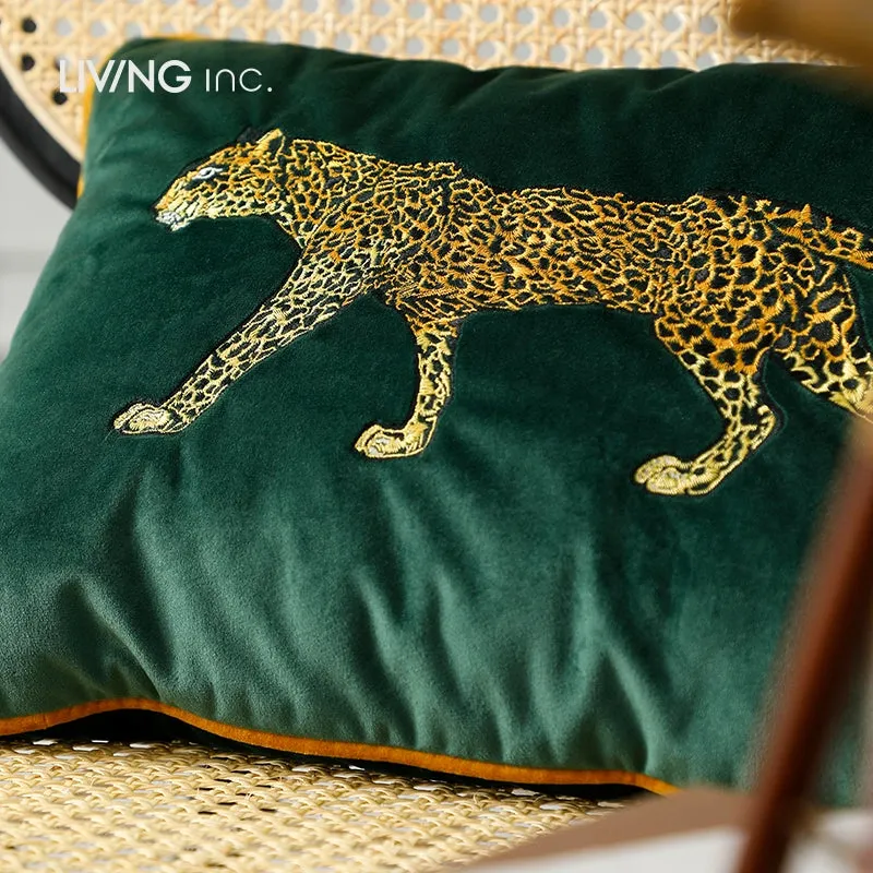 Leopard Velvet Embroidered Pillow Light Luxury Model Room Living Room Pillow Sofa Cushion Dark Green