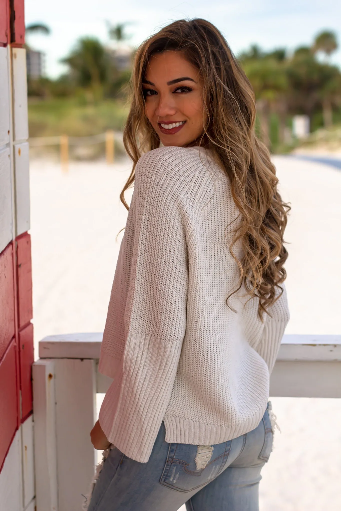 Light Gray Knit Lace Up Sweater