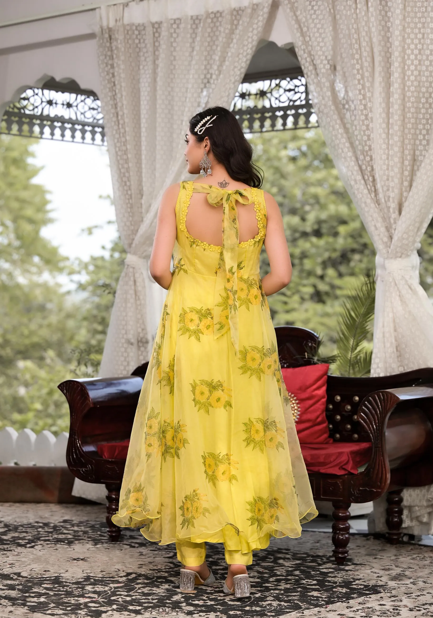 Light Yellow Hand Painted Floral Organza Anarkali Kurta Pant Set With Dupatta