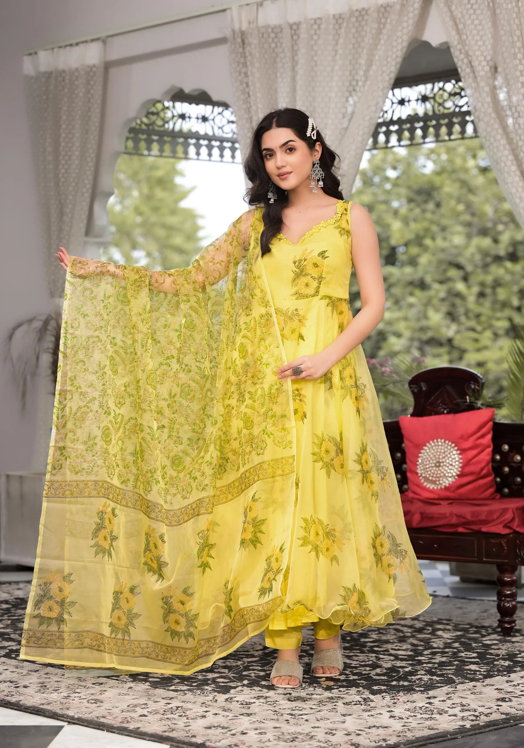 Light Yellow Hand Painted Floral Organza Anarkali Kurta Pant Set With Dupatta