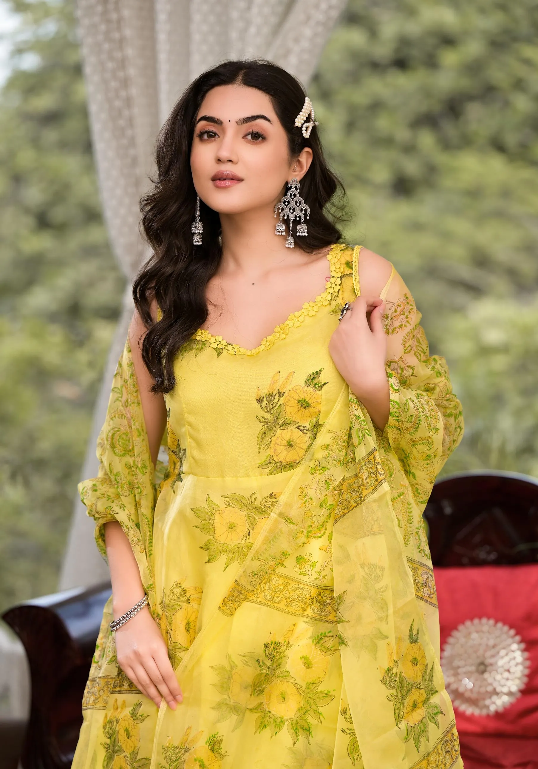 Light Yellow Hand Painted Floral Organza Anarkali Kurta Pant Set With Dupatta