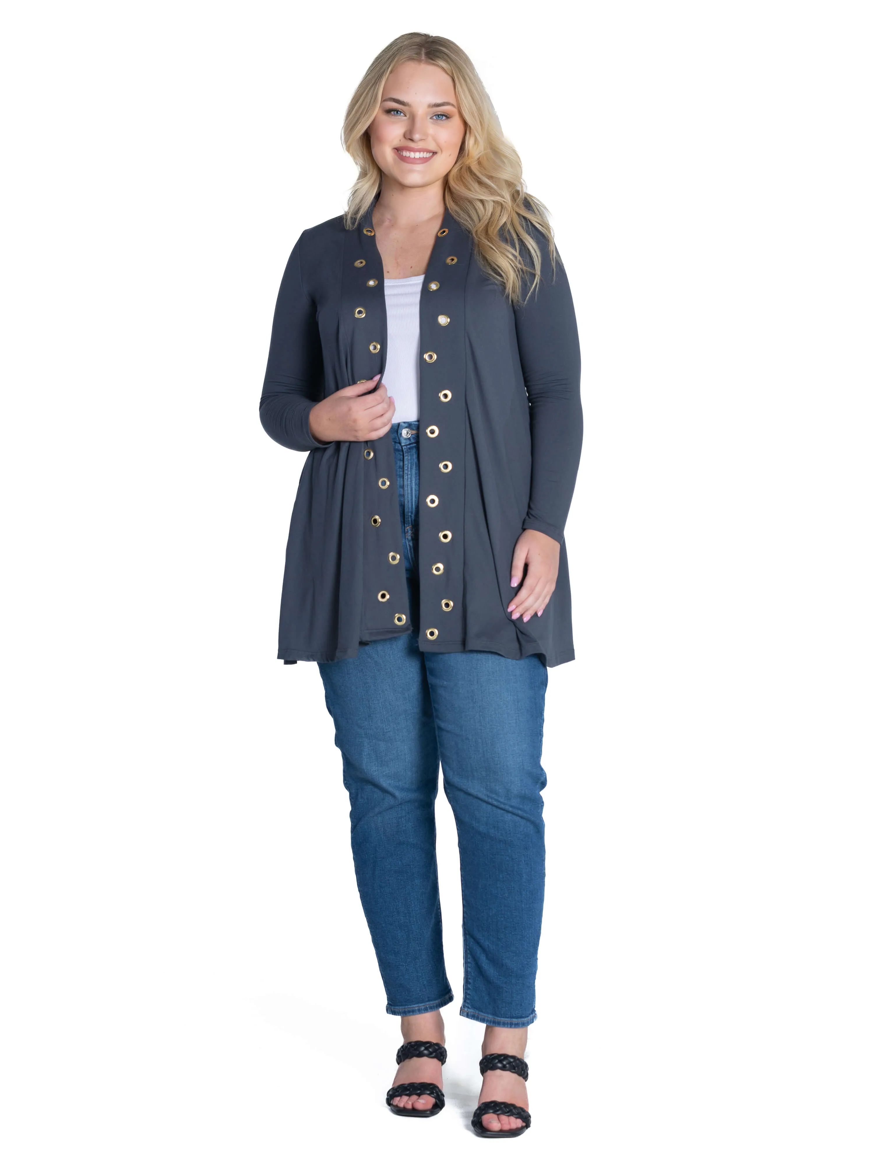 Long Sleeve Mid Thigh Open Front Plus Size Cardigan with Grommet Details