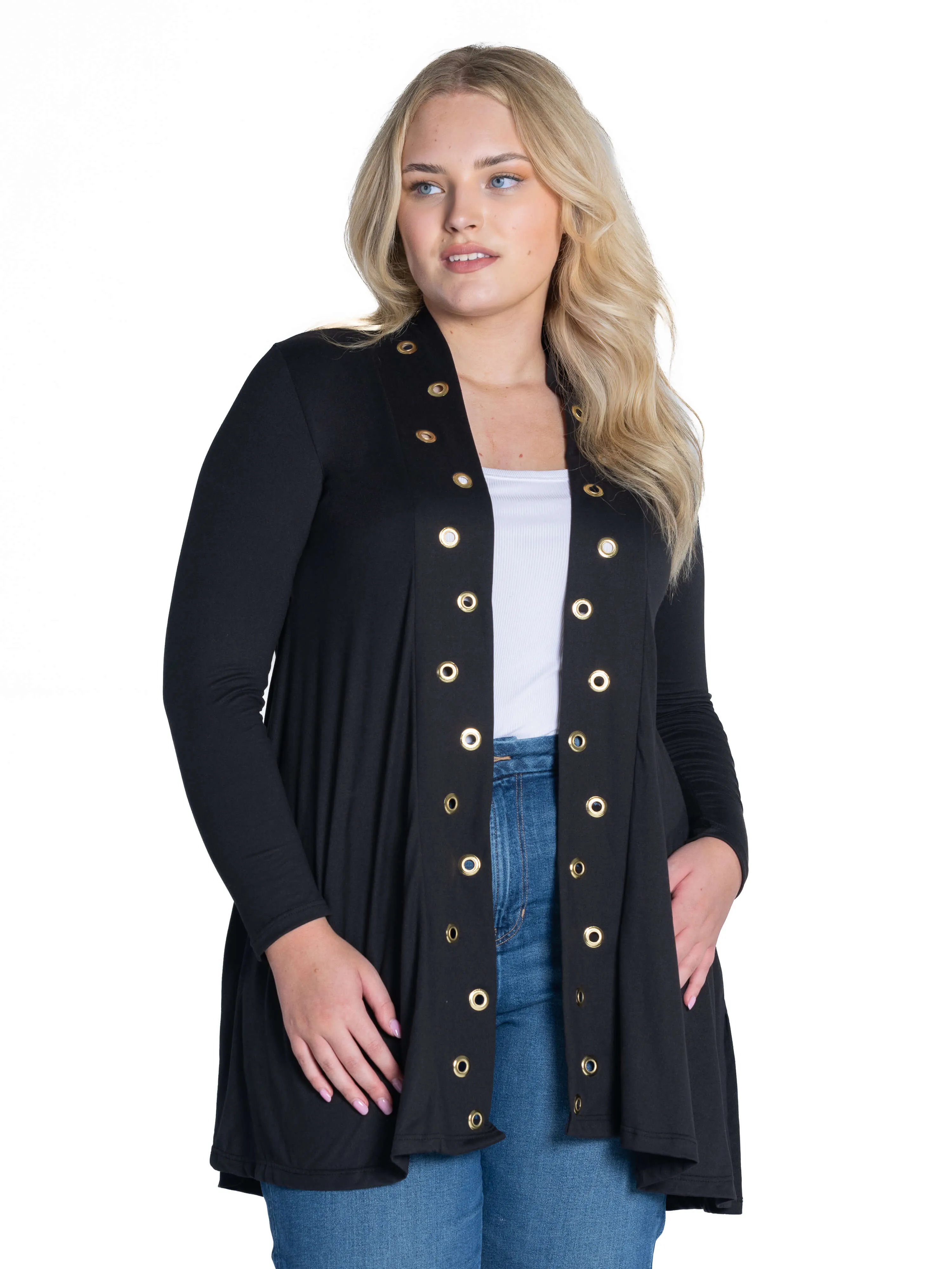 Long Sleeve Mid Thigh Open Front Plus Size Cardigan with Grommet Details