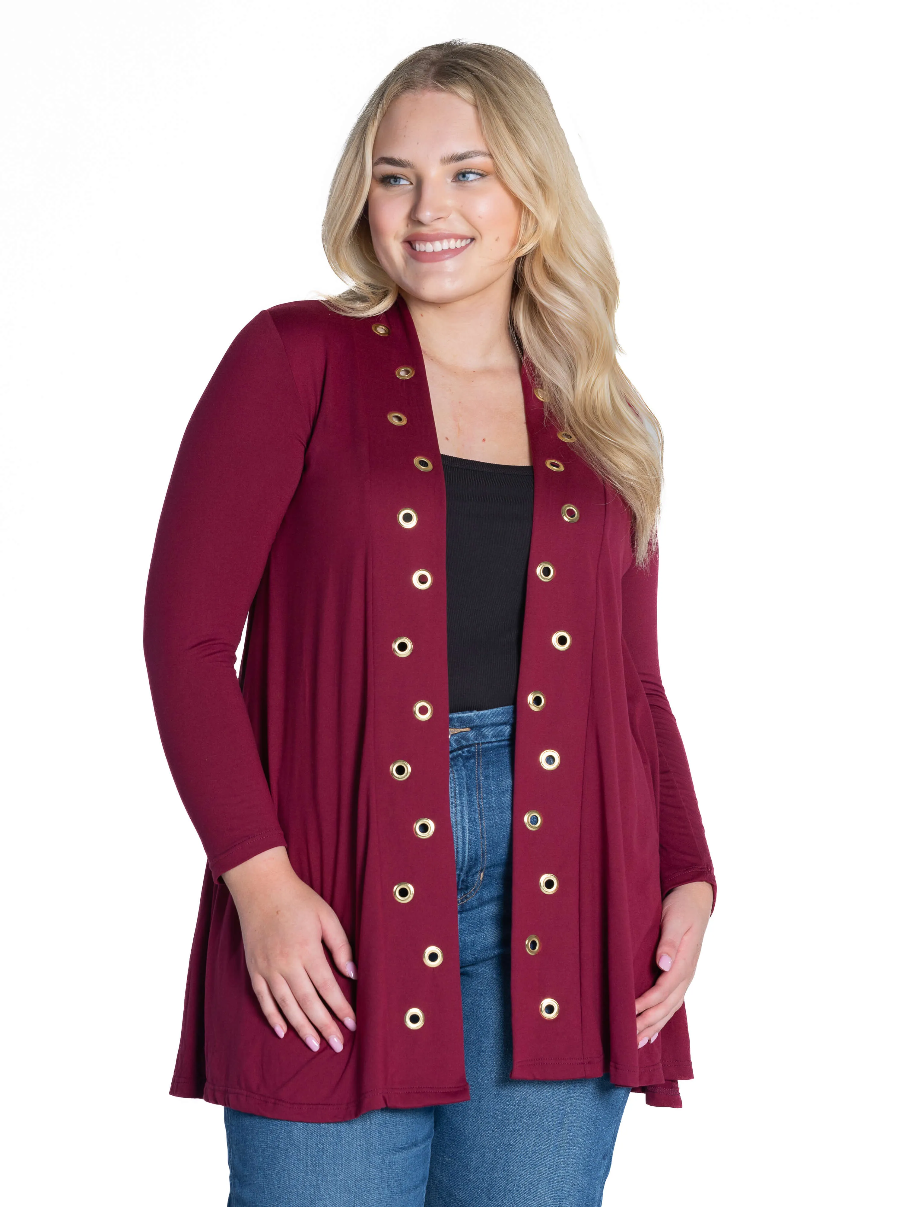 Long Sleeve Mid Thigh Open Front Plus Size Cardigan with Grommet Details