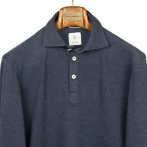 Long-sleeve polo shirt in navy double-face cotton cashmere (restock)