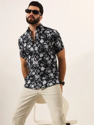 MILLENNIAL MEN Black Floral Print Pure Cotton Regular Fit Casual Shirt