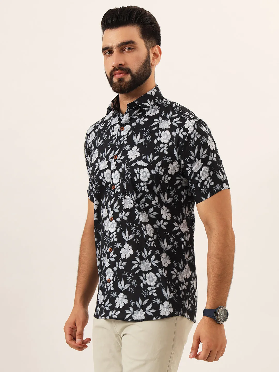 MILLENNIAL MEN Black Floral Print Pure Cotton Regular Fit Casual Shirt