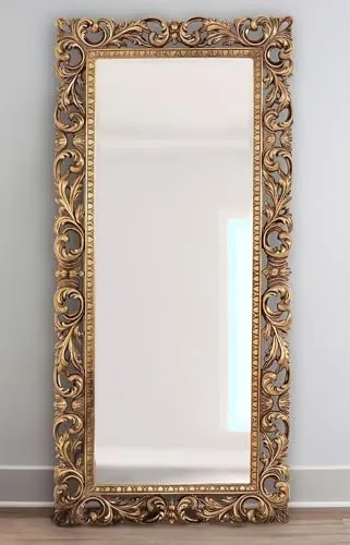 MineMeDeskCo Handcrafted Wooden Carved Mirror Frame | Antique Jharokha Style | Solid Wood, Champagne Gold Finish, 6x3 Ft | Elegant Wall Hanging Design | Vintage Look | Mirror Not Included | Handicraft