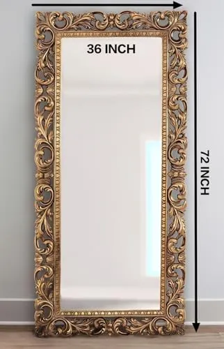 MineMeDeskCo Handcrafted Wooden Carved Mirror Frame | Antique Jharokha Style | Solid Wood, Champagne Gold Finish, 6x3 Ft | Elegant Wall Hanging Design | Vintage Look | Mirror Not Included | Handicraft