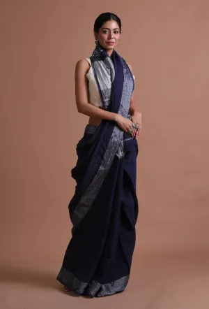 Navy Blue Color Cotton Linen Saree With Unstitched Blouse