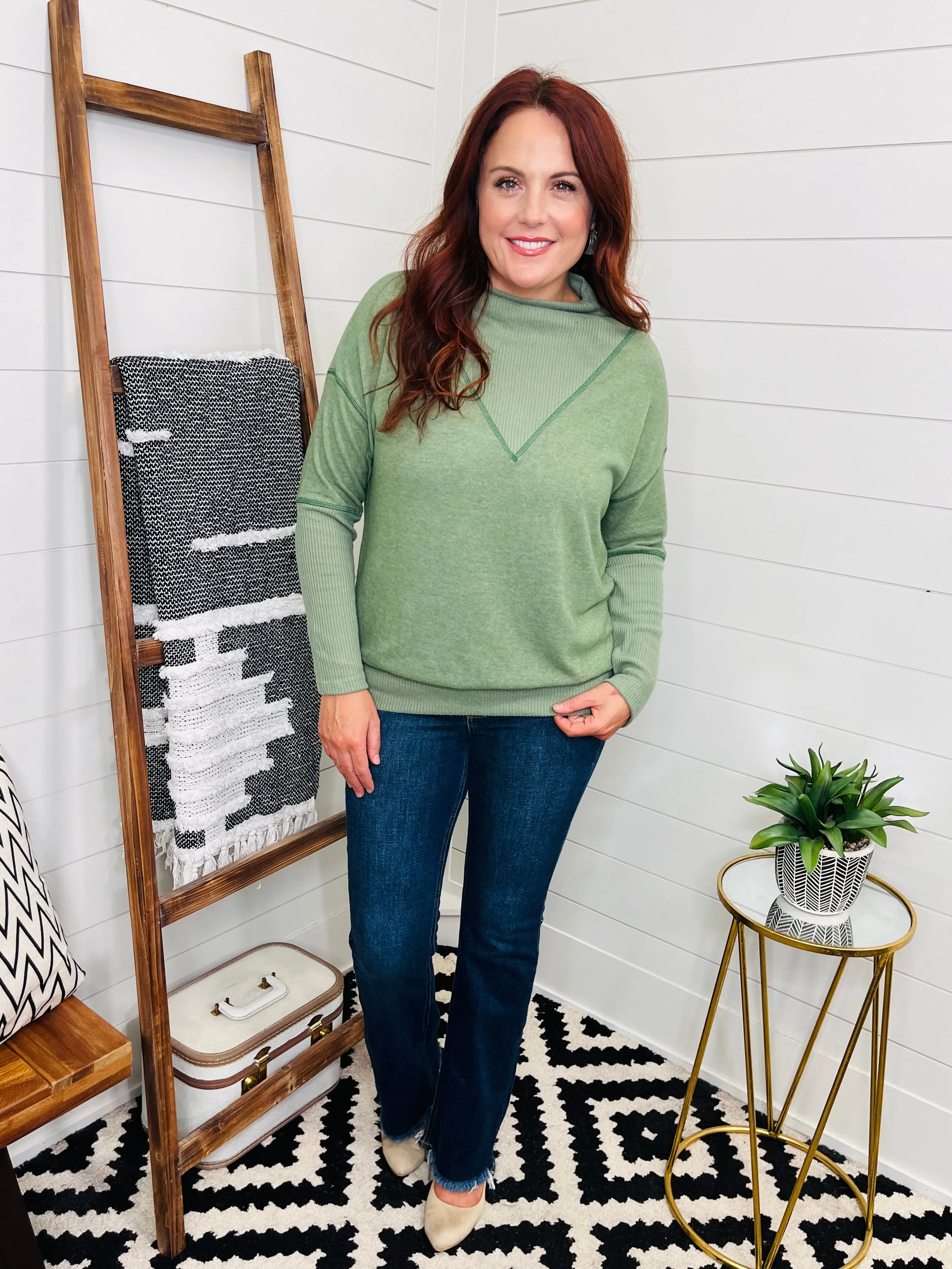 Olive Mock Neck Sweater w/ Reverse Stitching