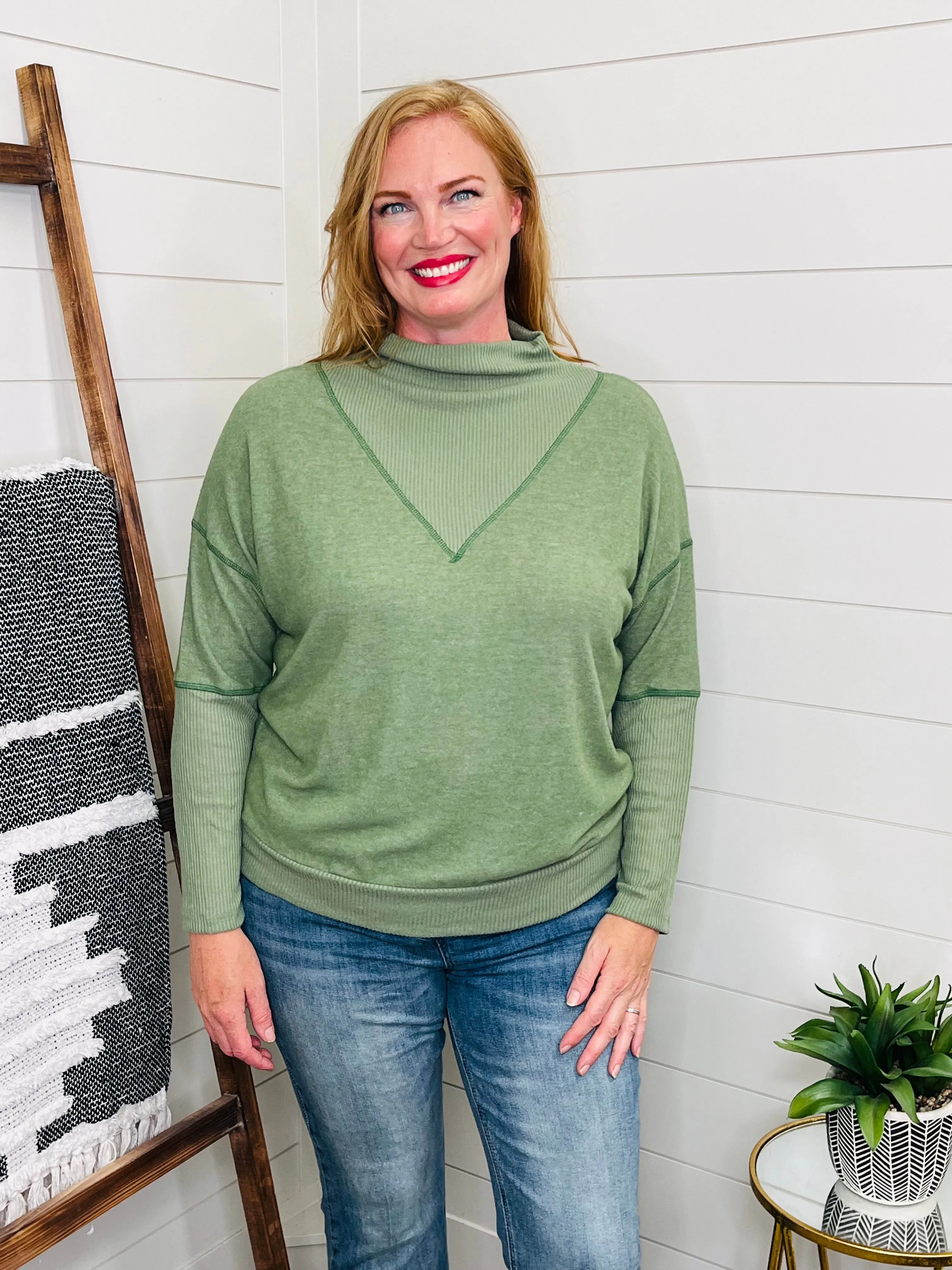 Olive Mock Neck Sweater w/ Reverse Stitching