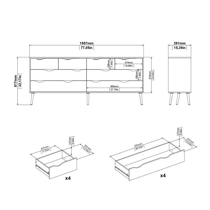 Oslo Double Dresser with 8 Drawers in White and Oak