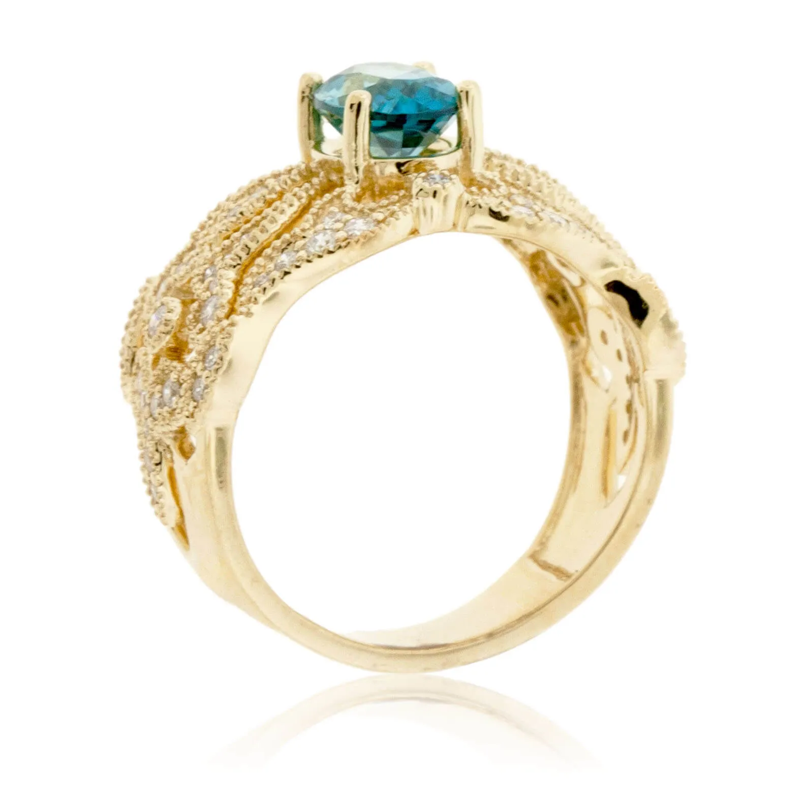 Oval Blue Zircon & Diamond Filigree Style Ring