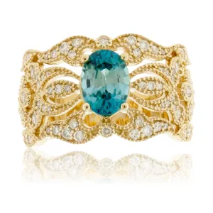 Oval Blue Zircon & Diamond Filigree Style Ring