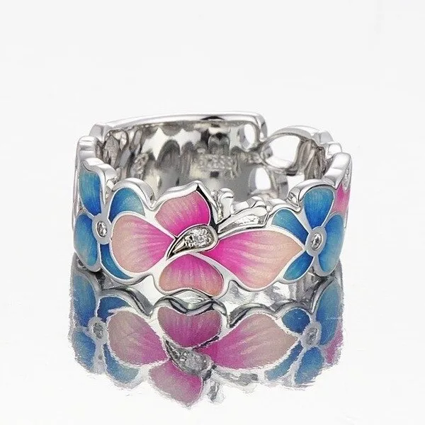 Pink Butterfly Blue Flower Enamel Ring for Women with Zircon in 925 Sterling Silver