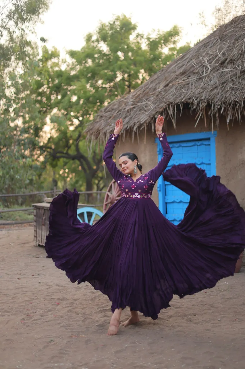 Purple Rayon Gown with Real Mirror Work