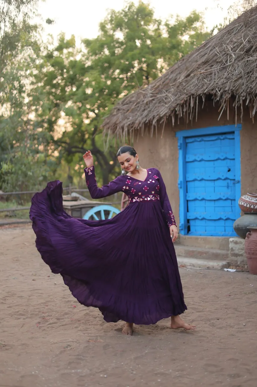 Purple Rayon Gown with Real Mirror Work