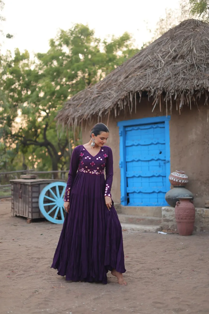 Purple Rayon Gown with Real Mirror Work