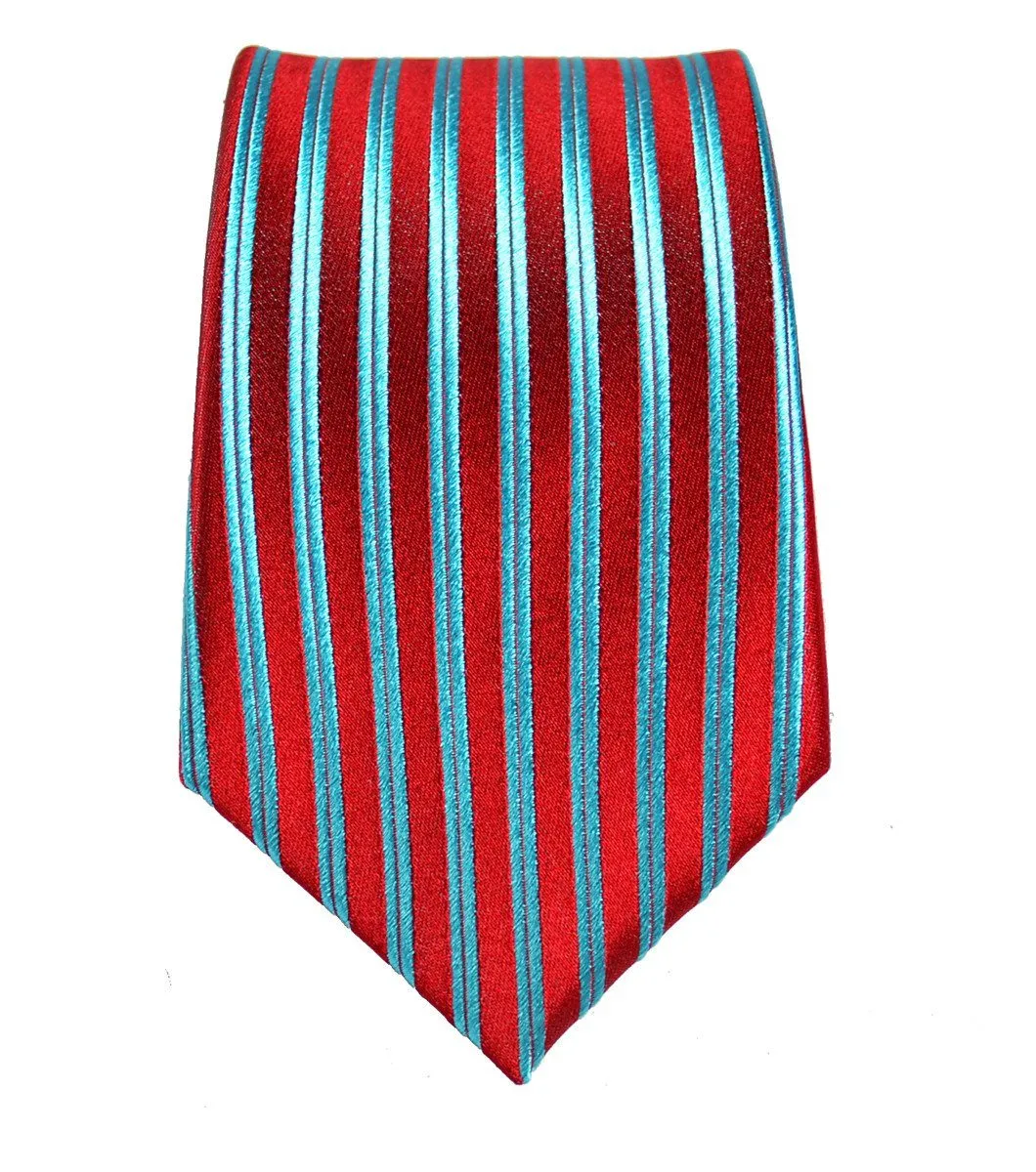 Red and Turquoise Striped Silk Necktie Set