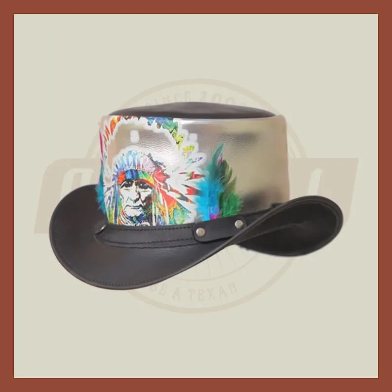 Red Indian Western Native American Black Silver Multicolor Leather Top Hat