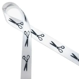 Scissors ribbon in black silhouette printed on 5/8" white single face satin