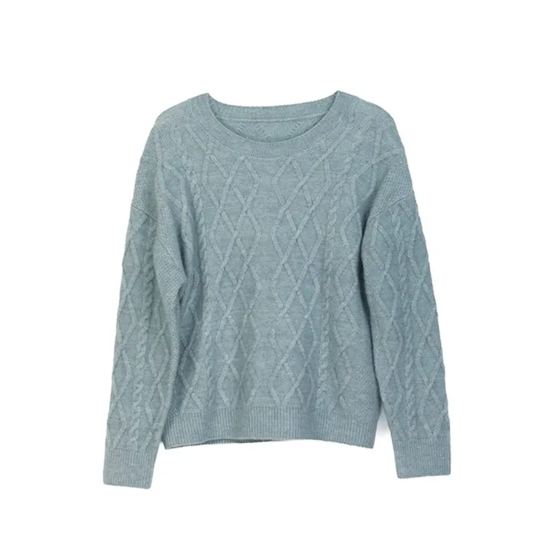 Shadow Blue Rhombus Round Neck Woolen Sweater