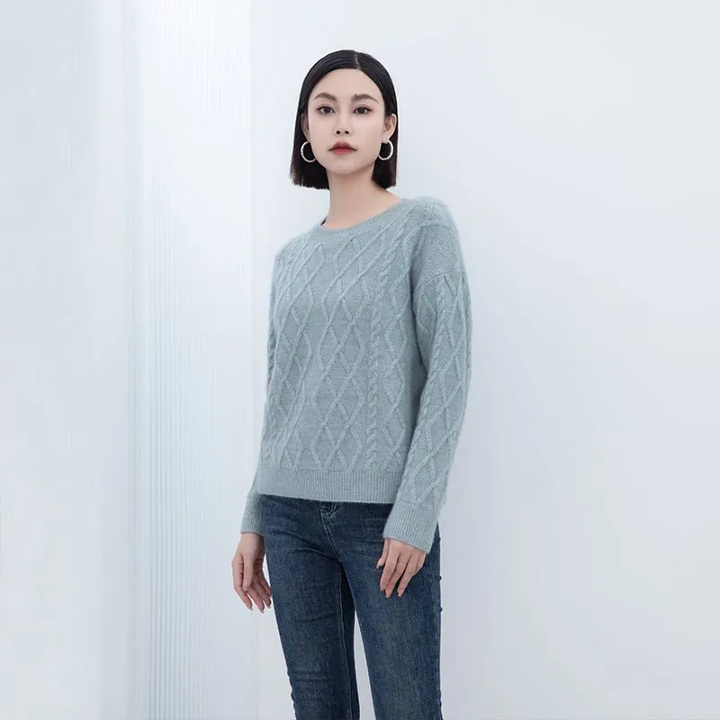 Shadow Blue Rhombus Round Neck Woolen Sweater