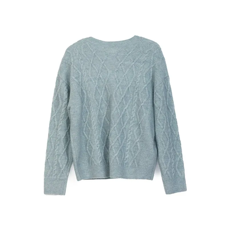 Shadow Blue Rhombus Round Neck Woolen Sweater