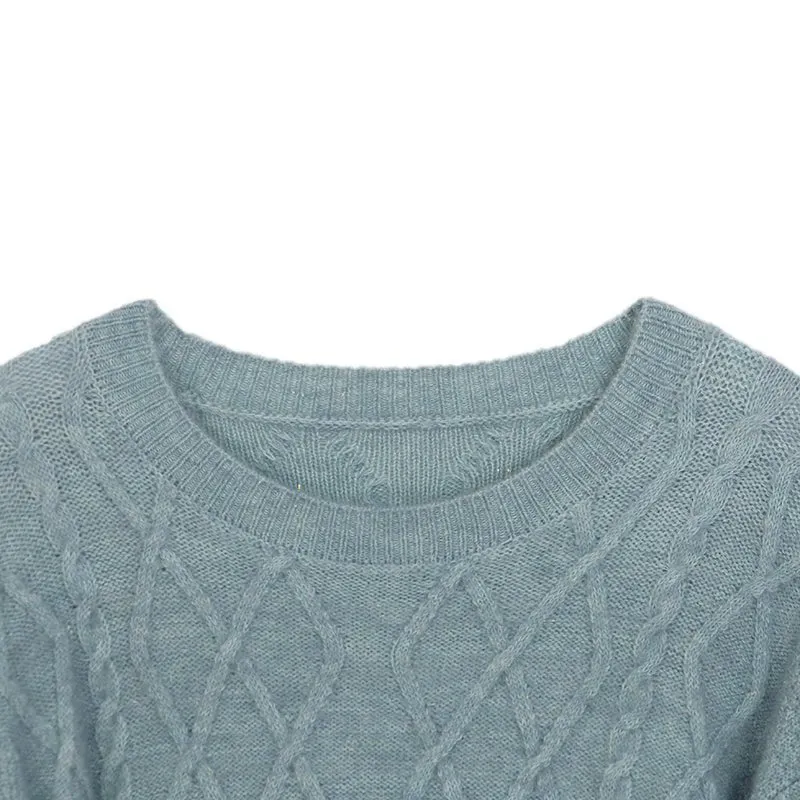 Shadow Blue Rhombus Round Neck Woolen Sweater