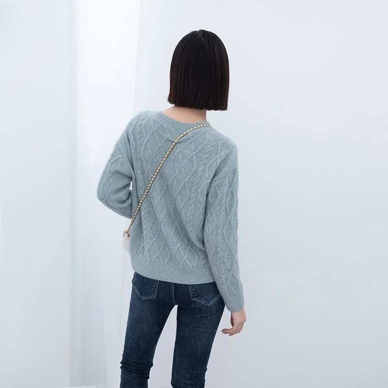 Shadow Blue Rhombus Round Neck Woolen Sweater