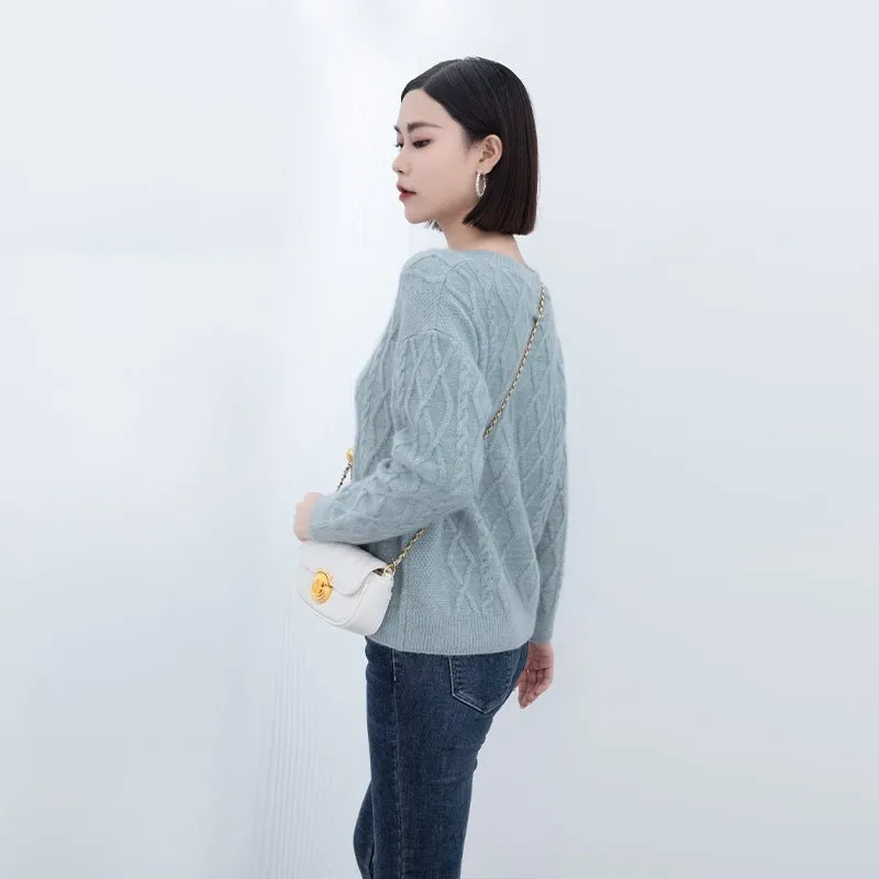 Shadow Blue Rhombus Round Neck Woolen Sweater