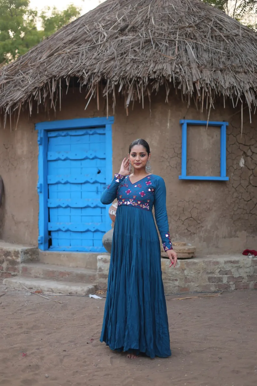 Teal Blue Rayon Gown with Real Mirror Work