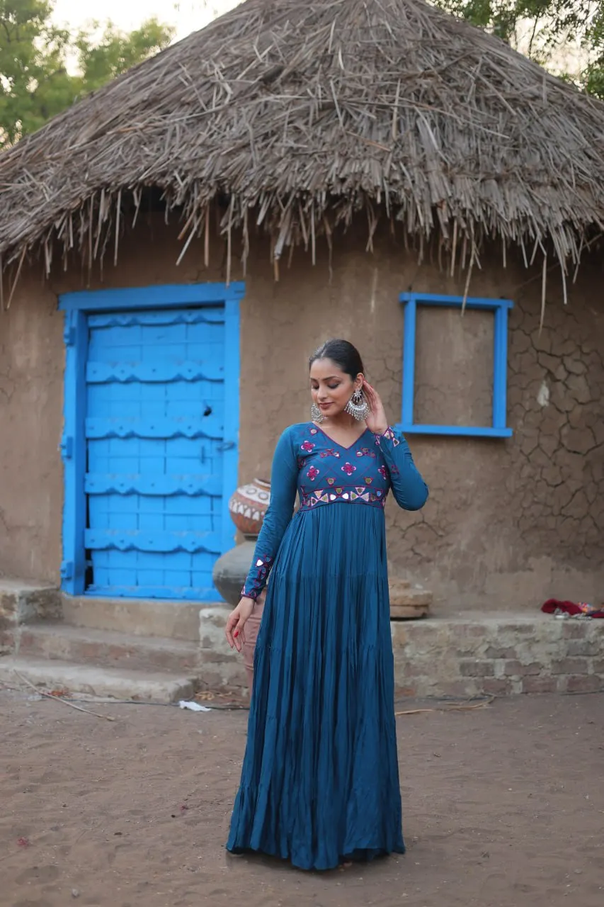 Teal Blue Rayon Gown with Real Mirror Work