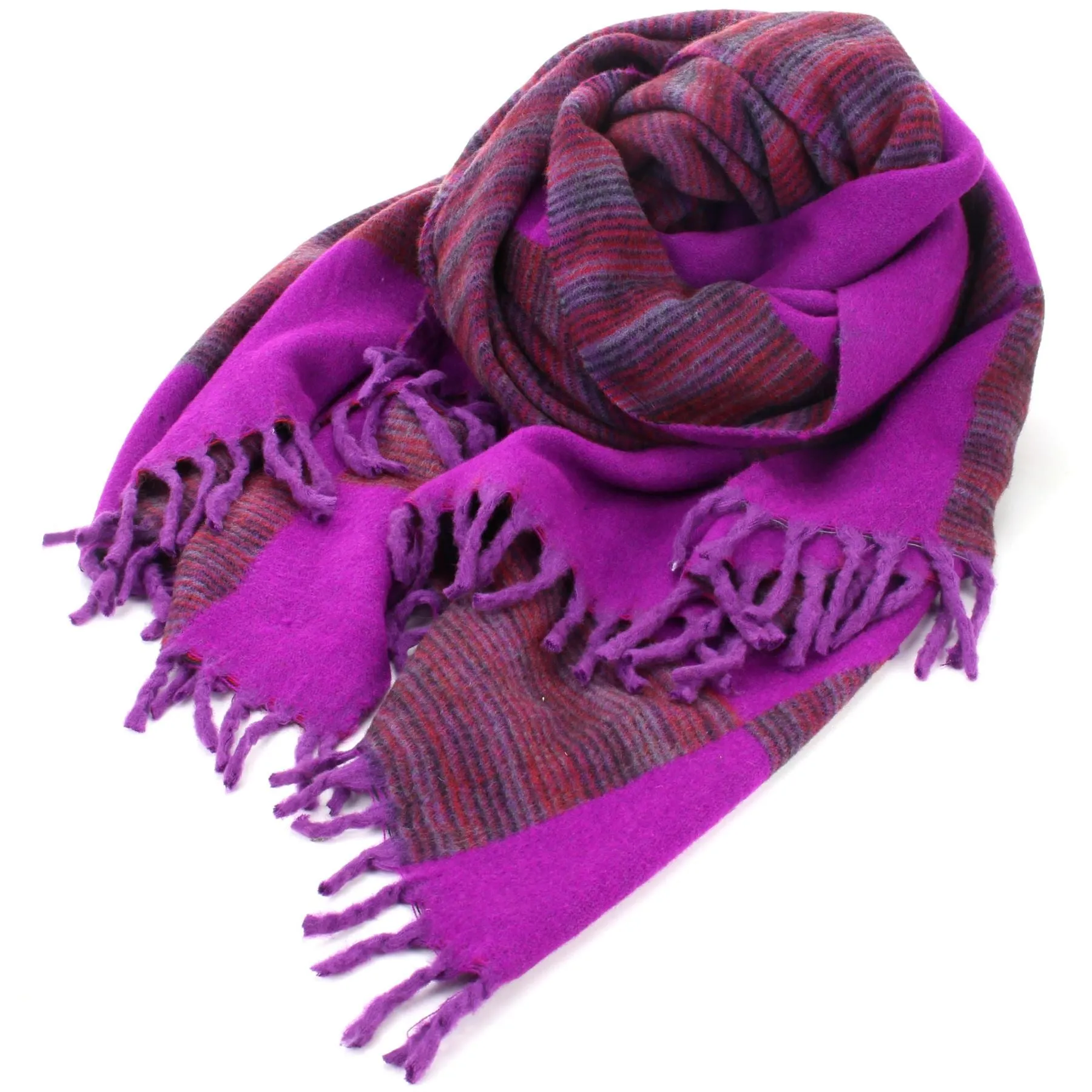 Tibetan Wool Blend Shawl Blanket - Plum with Maroon & Grey Reverse