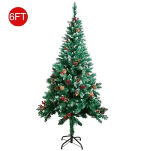 timeless 6ft Snow Flocked Hinged PVC Artificial Christmas Tree w/Pine Cones & Red Berries, Metal Stand 6' 6'