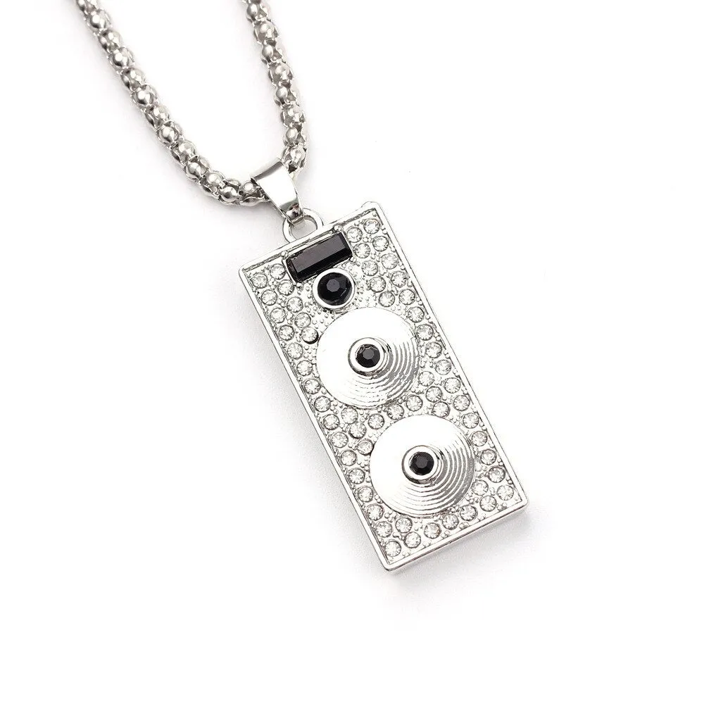 Trendy DJ audio player Square Pendant Necklaces with Rhinestone in Gold Color