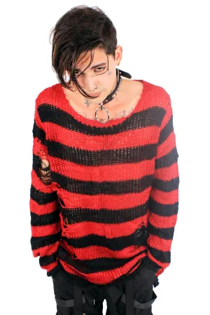 Unisex Red & Black Striped Distressed Sweater by VampireFreaks