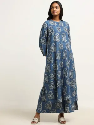 Utsa Blue Printed Button-Down Kurta