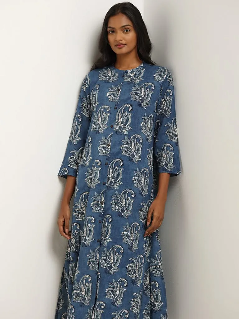 Utsa Blue Printed Button-Down Kurta