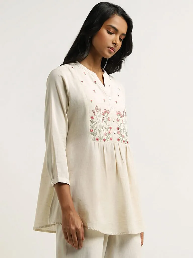 Utsa Off White Embroidered Cotton Tunic