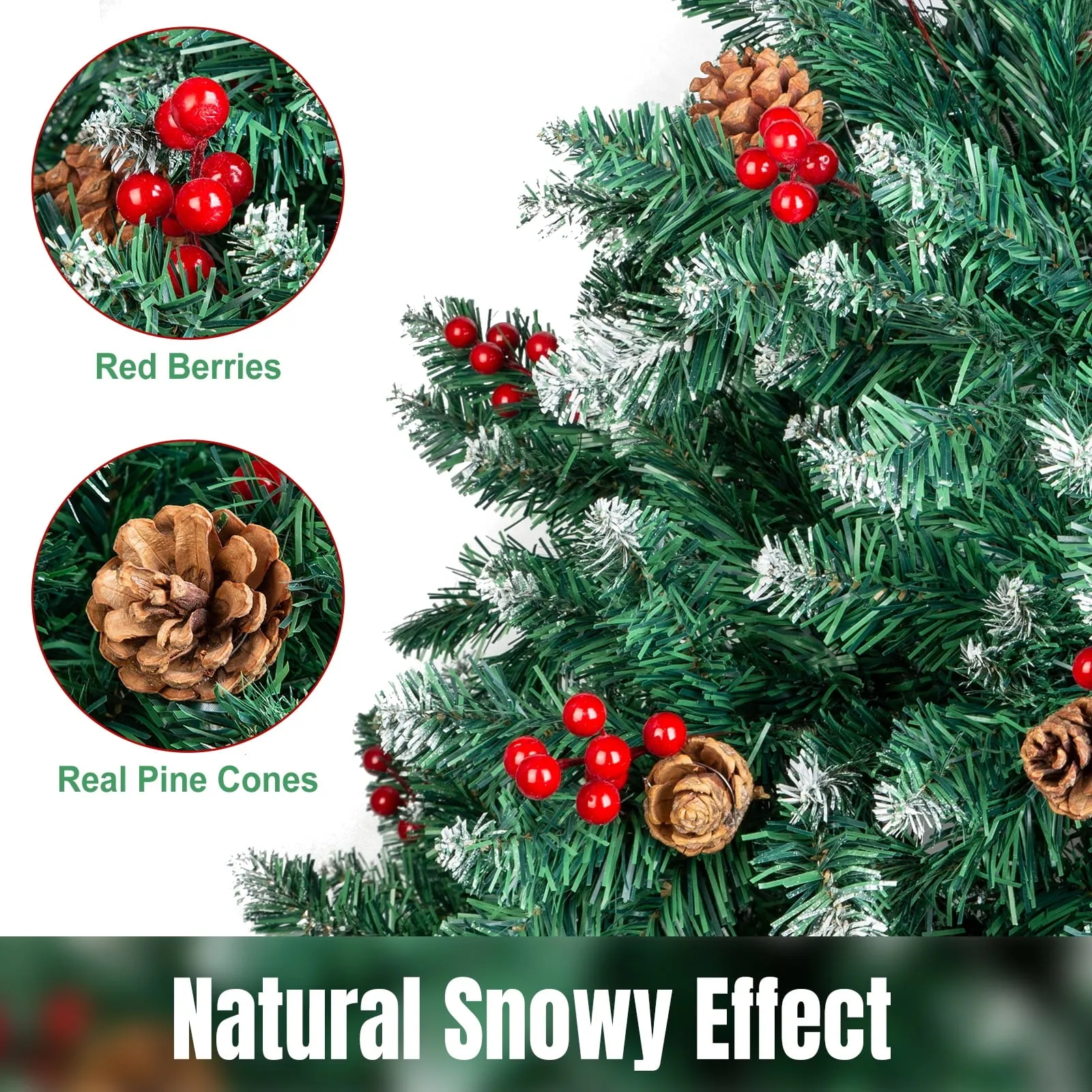 valiant 6ft Snow Flocked Hinged PVC Artificial Christmas Tree w/Pine Cones & Red Berries, Metal Stand 6' 6'