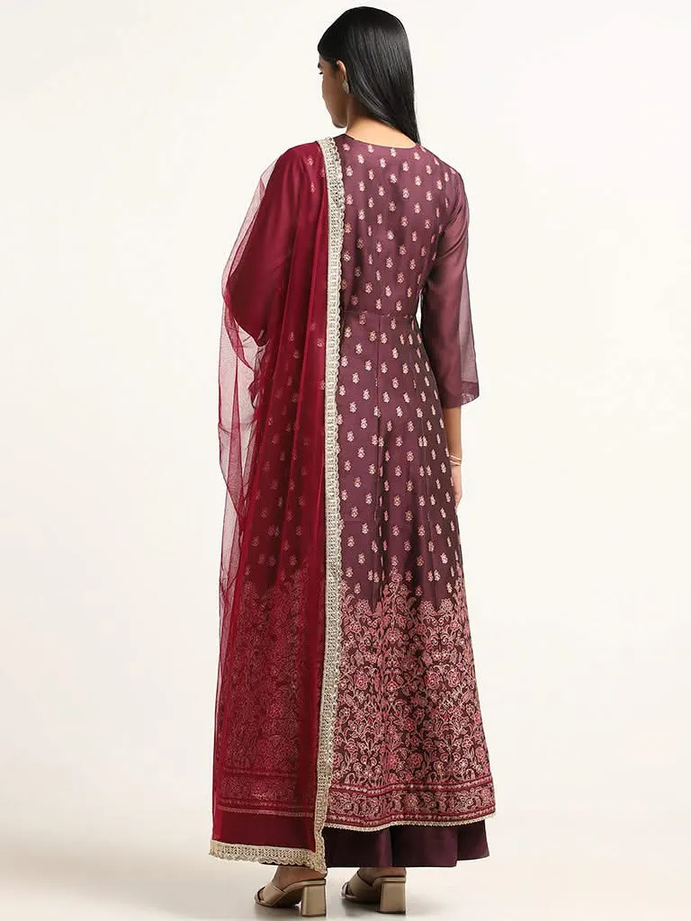 Vark Purple Embroidery Cotton Blend Kurta, Skirt and Dupatta Set