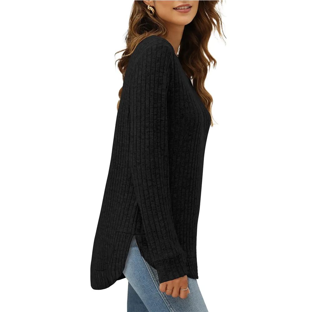 Women Long Sleeve Lightweight Ribbed Tunic Sweater S-2X