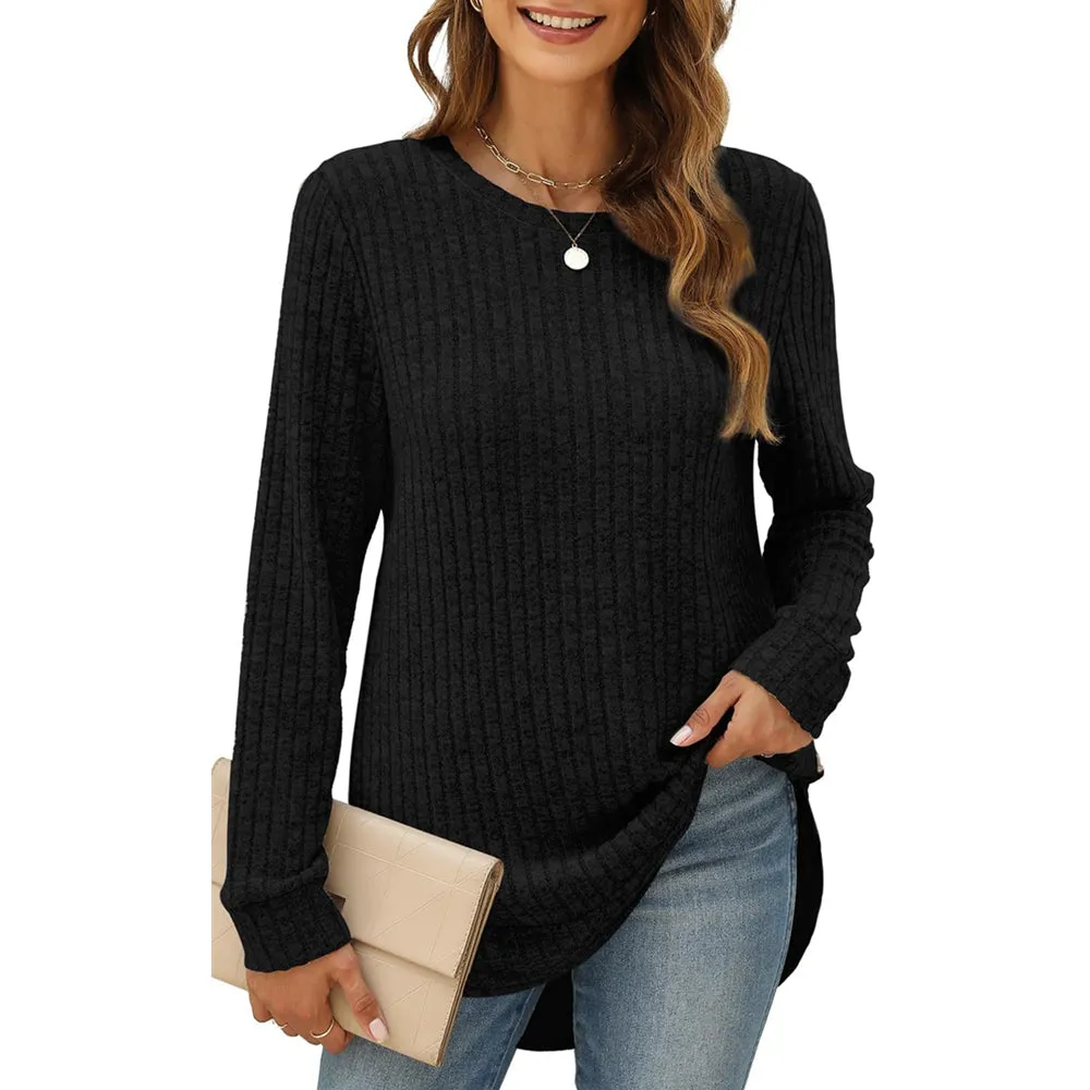 Women Long Sleeve Lightweight Ribbed Tunic Sweater S-2X