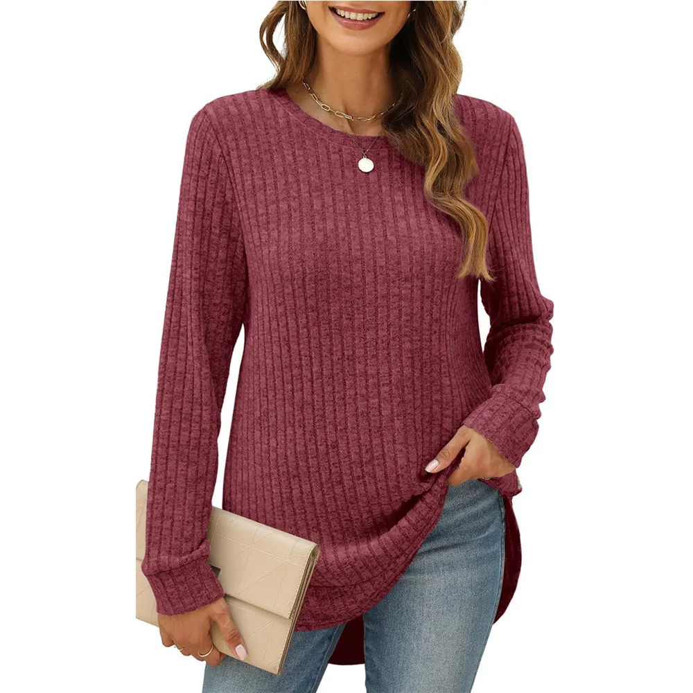 Women Long Sleeve Lightweight Ribbed Tunic Sweater S-2X