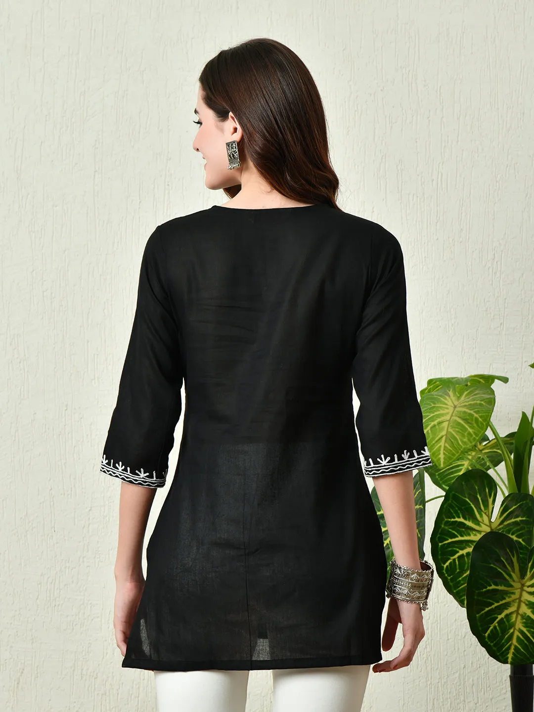 Women Stylish Black Cotton Short Kurti With Elegant Work